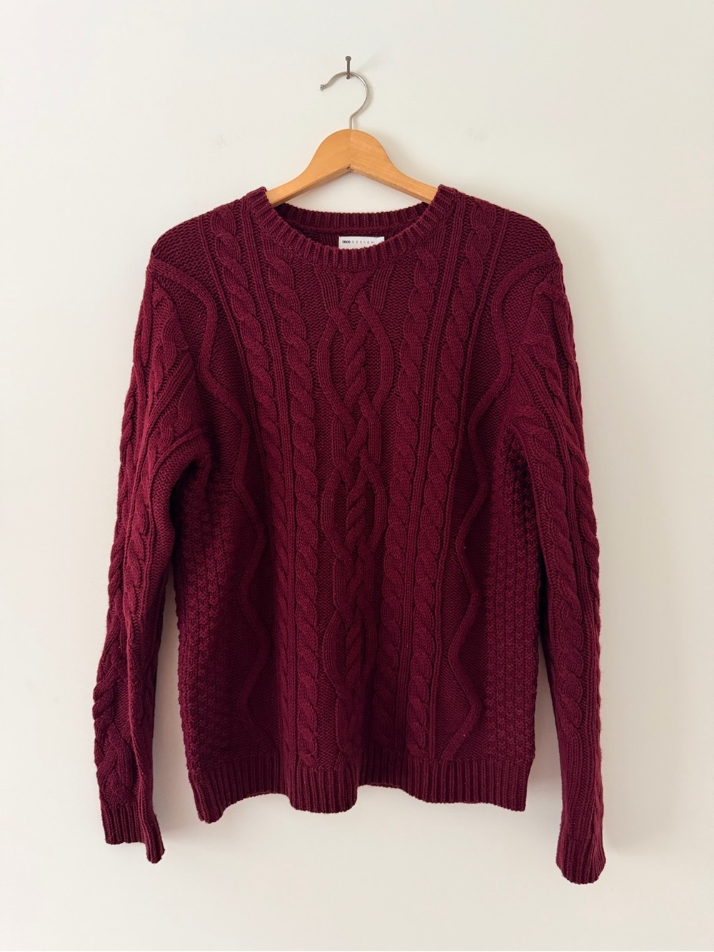 ASOS Burgundy Cable Knit Wool Blend Crewneck Sweater